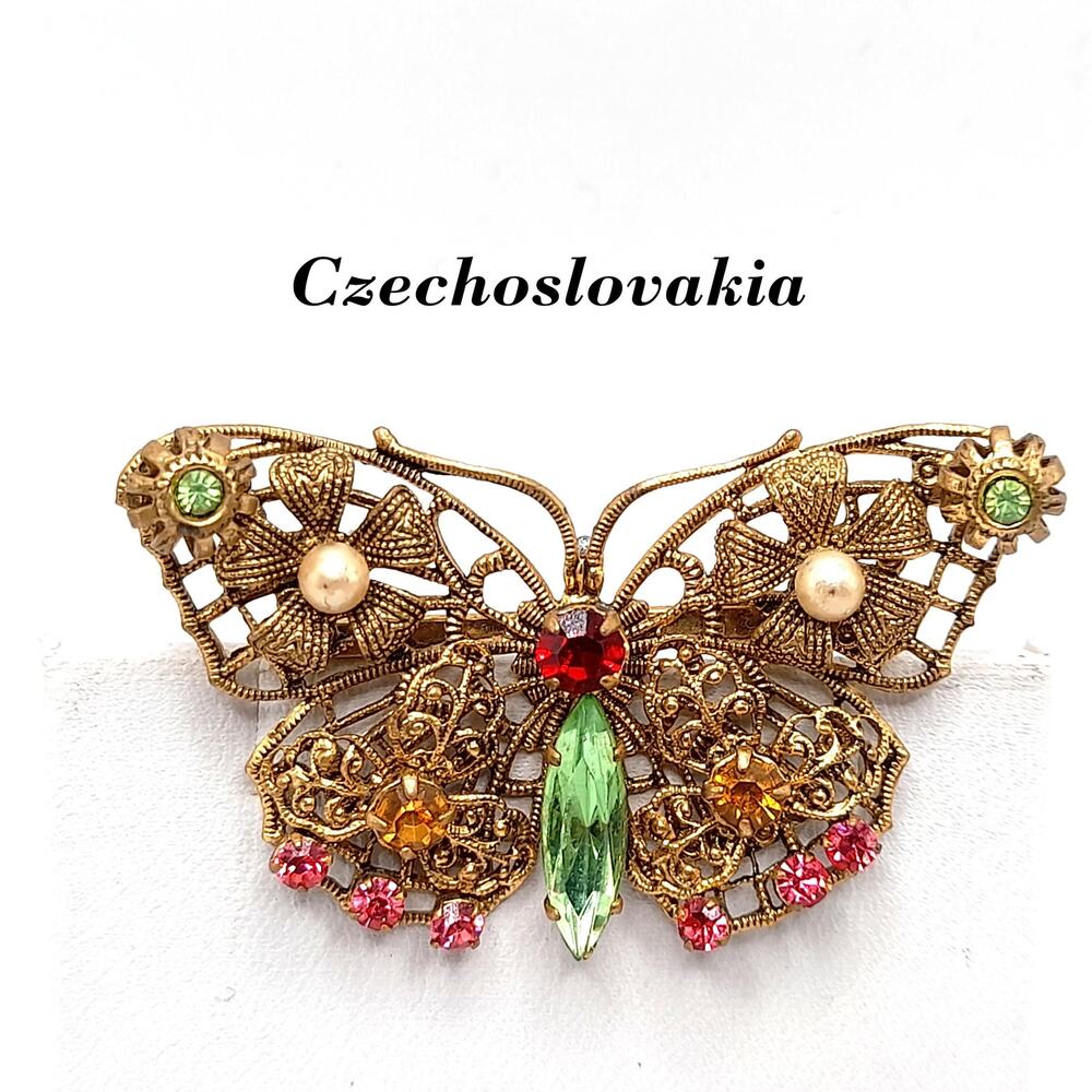 Vintage Filigree Butterfly Brooch, Czech Multicolored Rhinestones, Faux Pearls